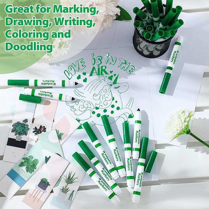 Janlaugh 36 Pcs Green Washable Markers Bulk Coloring Broad Line Marker for Kid Green Conical Tip Drawing Pen for Christmas,School Supplies, Travel Art Baby Shower Gender Reveal Party Supplies, Ages 6+