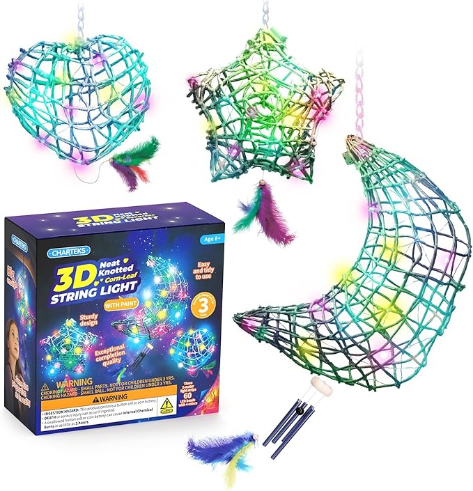 CHARTEKS 3D String Light Craft Kit for Kids, String Art Kit with LED Bulbs and Wind Chime, Arts and Crafts Set, Birthday Gifts for Girls Boys Ages 8+ (with Paint, Corn-Leaf String)