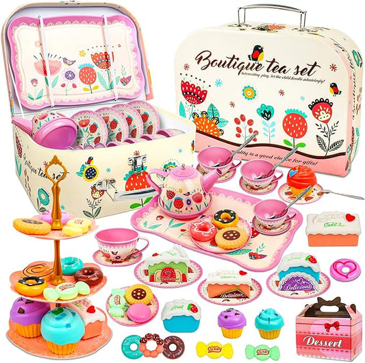 SMILESSKIDDO 46pcs Princess Tea Party Set for Little Girls - Kids Kitchen Pretend Play Toys - Toddler Tea Party Sets for Girls 3-5, Gift for 3 4 5 6 Girl(Garden)