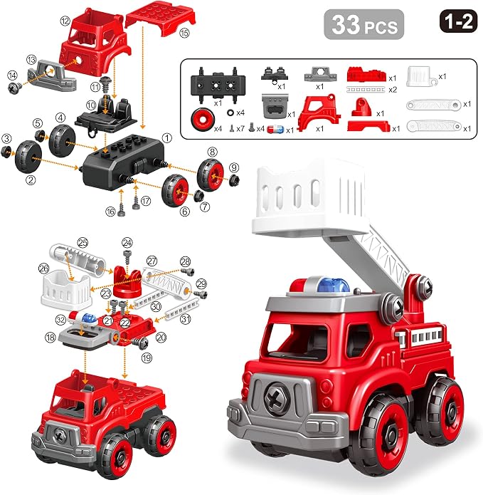 4-in-1 Take Apart Toys Truck with Electric Drill, DIY Assembly Fire Truck - Image 6