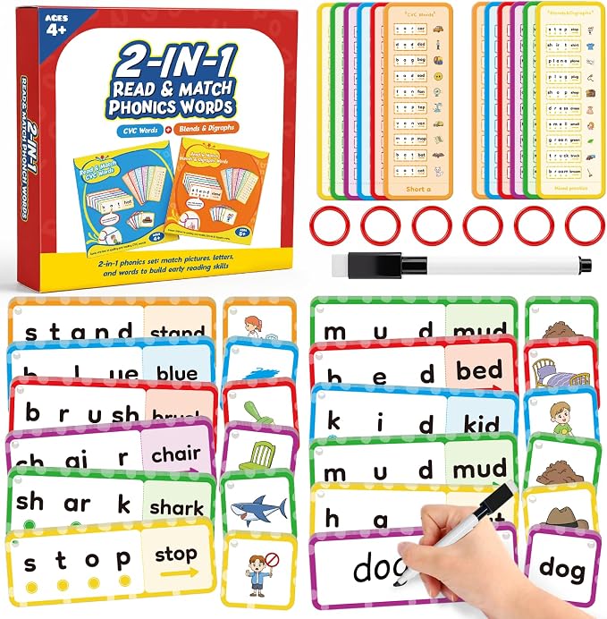 120 Words & Phonics Puzzle, 2 in 1 CVC & Blends Digraphs Flash Cards by Kasfalci