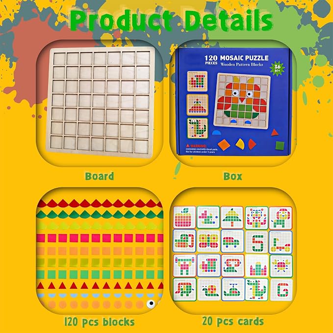 Wooden Pattern Blocks Set 120 Pcs Geometric Shapes Puzzle Classic Montessori Educational Tangram Toys with 24 Design Cards for 4-8 Year Old Kids - Image 3