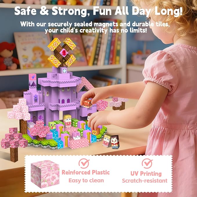 200 PCS Magnetic Blocks, Magnet Building Cubes, Build Pink Castle World Set - Image 5