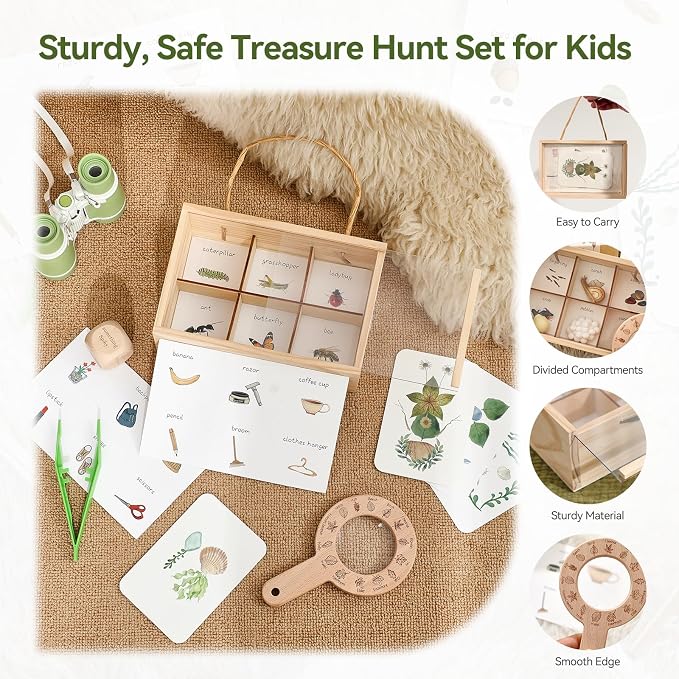 WOODEN TEETHER Kids Scavenger Hunt Play Set, 15pcs Treasure Hunt Kit with Binoculars, 10 Double-Sided Cards & Storage Box Indoor/Outdoor Exploration for Home, Backyard, Park - Image 3