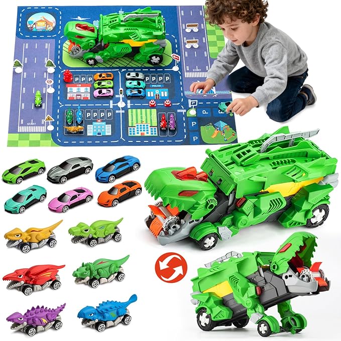 Dinosaur Toys Car for Kids 3-8 Year Old Boy Gift, Toddler Toys for 3 4 5 6 Years Old Boys & Girls Transport Dino Truck with 12 mini Cars & City Map Birthday for Kids