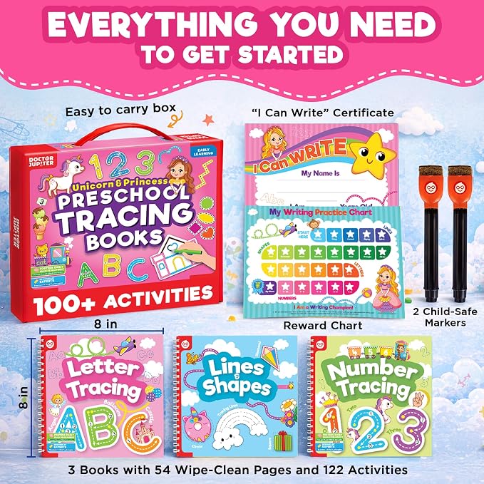 Doctor Jupiter Preschool Tracing Books for Toddlers, 3+ Year Old Kids |Learning Activity Books, Unicorn & Princess Educational Toys, 100+ Wipe Clean Preschool & Kindergarten Activities - Image 7