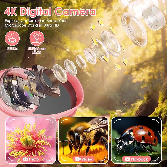4K 1000X Handheld Digital Microscope for Kids with 2.0" IPS Screen(Pink) - Image 3