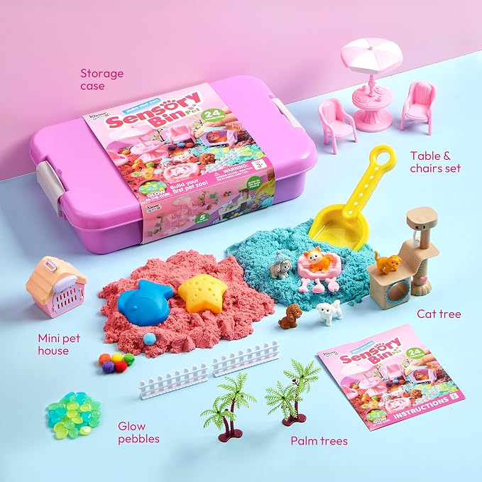 JOVA Klever Kits Cute Pet Sensory Bin for Kids with Glow in The Dark Stones, Sandbox with Lid Dual-Color Sand, Preschool Learning Activities Gifts for Boys Girls Age 3+ - Image 4