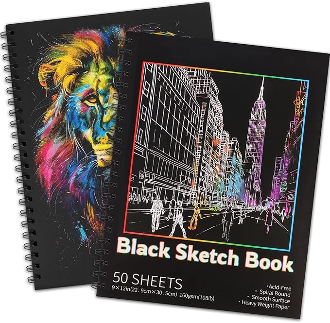 100 Sheets Black Paper Sketchbook(2 Pack), 108 lb/160gsm Heavyweight Black Sketch Pad 9×12in, Acid-Free Drawing Paper, Spiral Bound Sketch Book for Kids, Teens, Artist.