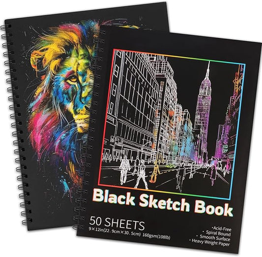100 Sheets Black Paper Sketchbook(2 Pack), 108 lb/160gsm Heavyweight Black Sketch Pad 9×12in, Acid-Free Drawing Paper, Spiral Bound Sketch Book for Kids, Teens, Artist.