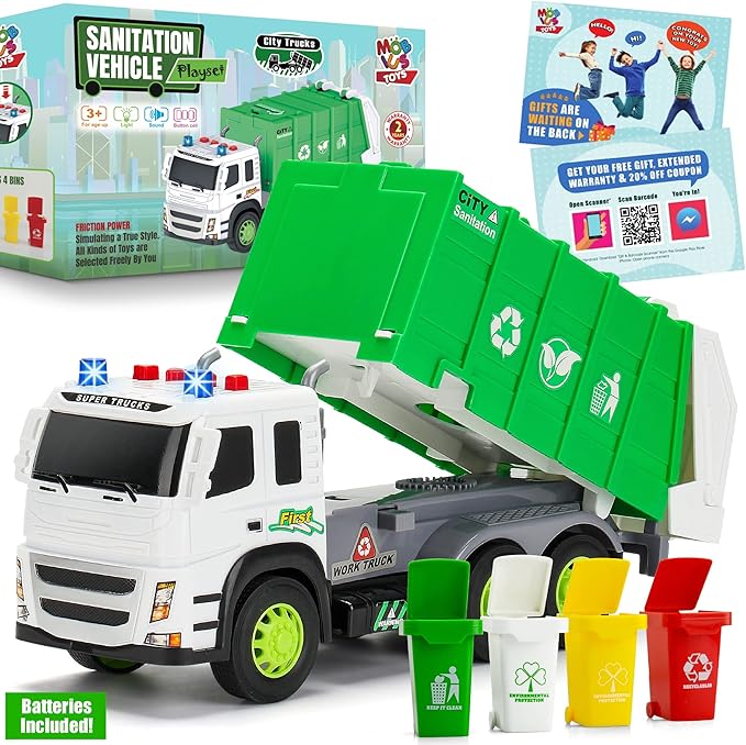 MOBIUS Toys Garbage Truck – Large 1:12 Scale Recycling Truck with Lights, Sounds & Moving Parts – Durable BPA-Free Trash Truck for Kids Ages 3–7 – Educational Toy, Gift Box