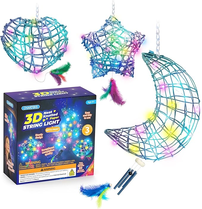 CHARTEKS 3D String Light Craft Kit for Kids, String Art Kit with LED Bulbs and Wind Chime, Arts and Crafts Set, Birthday Gifts for Girls Boys Ages 8+ (with Paint, Paper String)