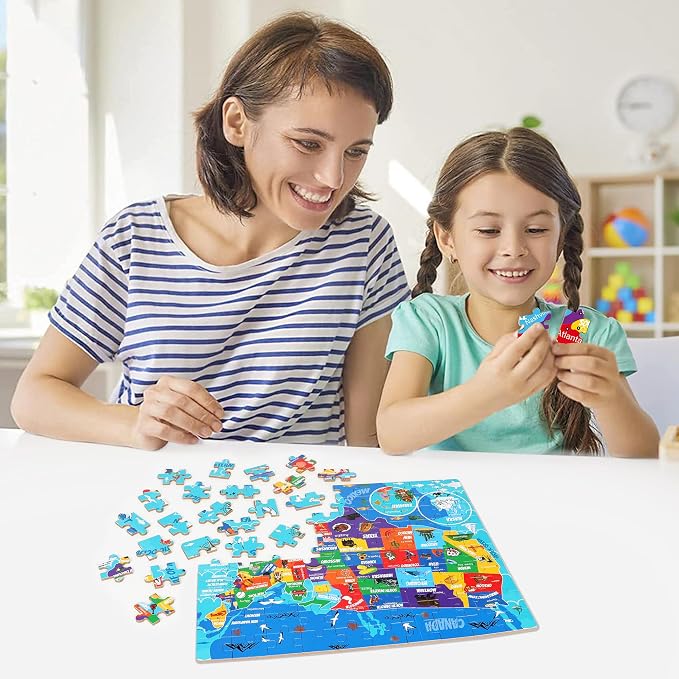 LELEMON United States Puzzles for Kids Ages 4-8,100 Pieces USA Sea Map Jigsaw Puzzles in a Metal Box,Fun America Map Learning Educational Toys for Boys Girls - Image 6