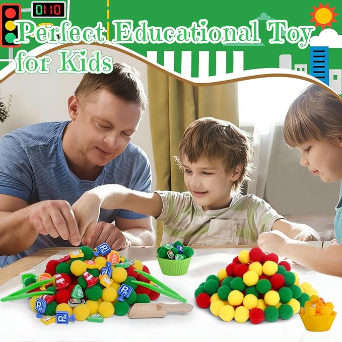 169pcs Traffic Signs Sensory Bin Filler Fine Motor Toys Traffic-themed Sensory Bin Items Traffic Light Stop Sign Traffic Cones Parking Sign Crosswalk Pom Poms for Preschool Color Counting Sorting - Image 6