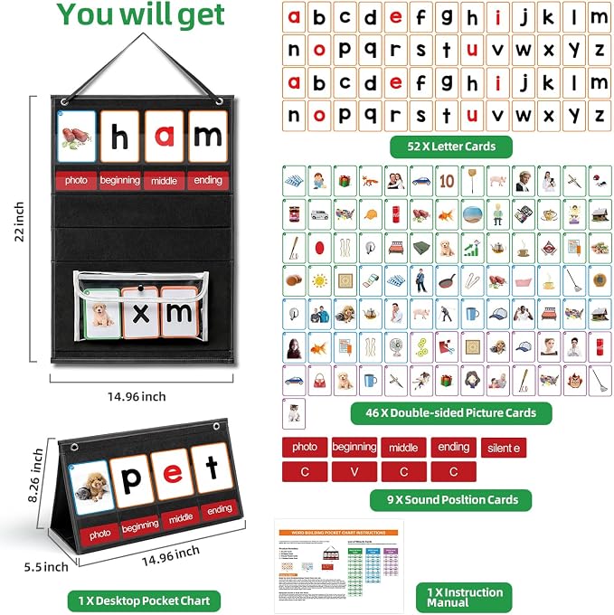 ANSTROUT CVC Word Builder Desktop Pocket Chart with 107 Phonics Flash Cards, Kids Word Builder Games for Learn to Read CVC CVCC CCVC Words, Phonics Learning Tool for Preschool Kindergarten Classroom. - Image 2