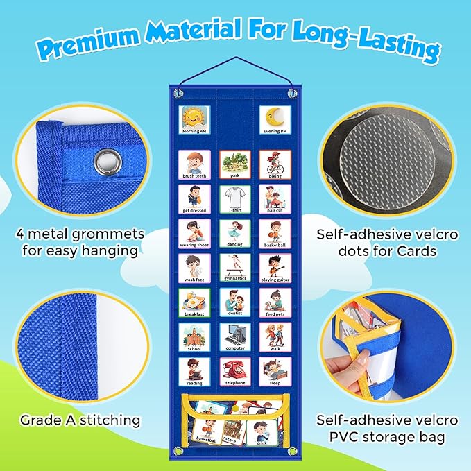 KIKIGOAL Kids Visual Schedule Calendar Chart, 2 in 1 Autism Daily Chore Routine Chart with 96 Cards Autism Learning Materials Bedtime Routine for Toddlers Home School - Image 4