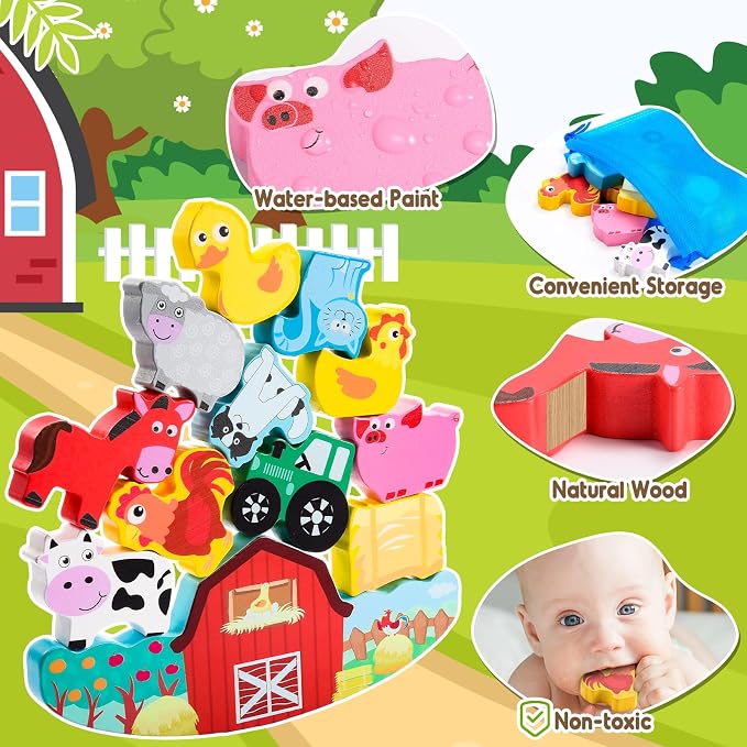 IPOURUP Montessori Toys for Kids 3-7 Wooden Farm Animal Blocks Stacking Games Educational Toy for 3 4 5 6 Year Old Girls Boys Christmas Birthday Gifts for Grandkids Toddler Balance Game Girls Age 3-5 - Image 3