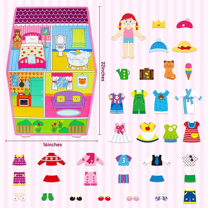 OKOOKO Dress Up House Felt Board 35PCS Double-Sided Foldable Dress Up Teaching Girls Toy Preschool Crafts Storytelling Early Learning Interactive Play Kit for Toddlers Kids - Image 2