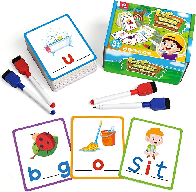 Coogam CVC Sight Words Flashcards, Short Vowel Spelling Game, Preschool Kids Learning Sight Words Supplies, Montessori Educational Writing Reading Toy Gift for 3 4 5 Years Old by Coogam