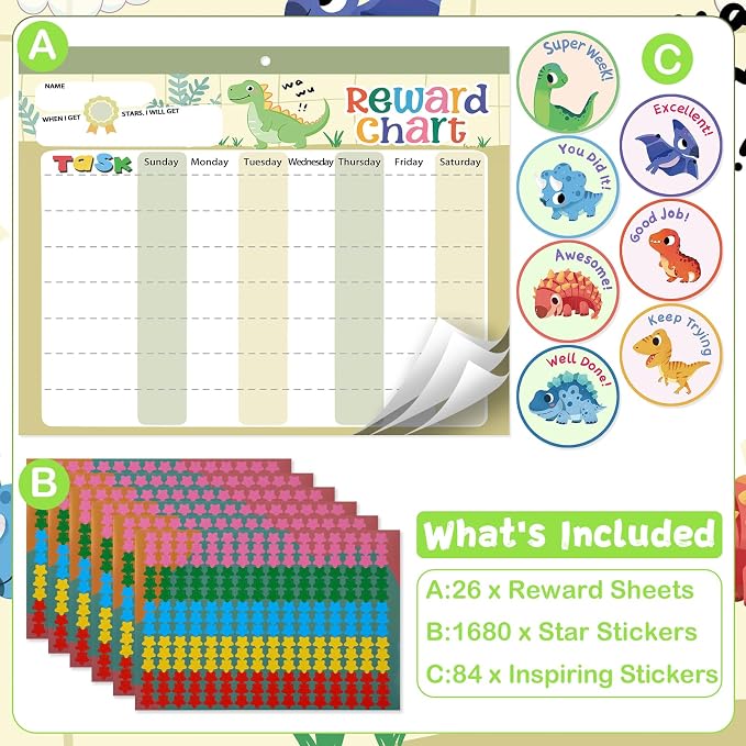Magnetic Reward Chart for Kids at Home, Behavior Chart Pad with 26 Chore Charts, 1680 Star Stickers, 84 Motivational Stickers to Develop Responsibility & Good Habits (Dinosaur) - Image 2
