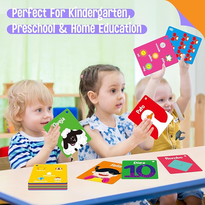 110 PCS Early Learning Flashcards, Double-Sided Spanish Cards- Alphabet, Numbers, Foods, Animals, Shapes, Colors, Emotions with 4 Reclosable Rings, Learning Tool for Pre-K Kindergarten Toddlers - Image 6