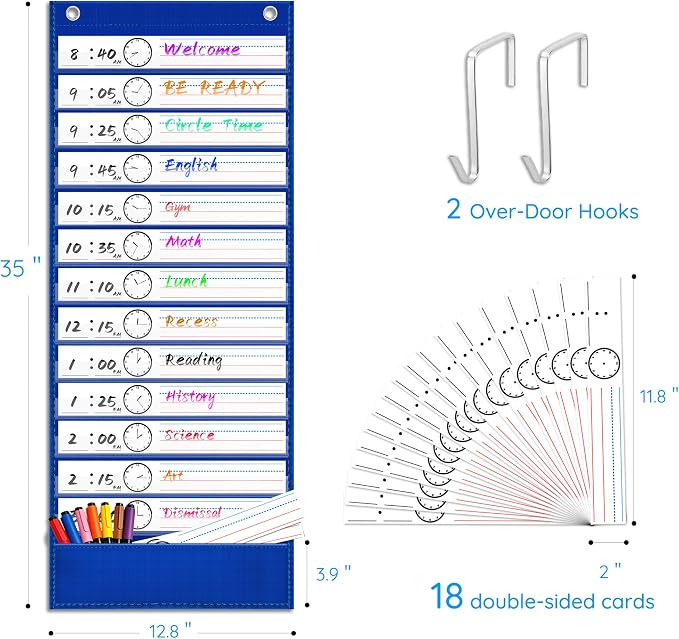 ZKOO Daily Schedule Pocket Chart, 13+1 Pocket with 18 Dry-Erase Cards Blue - Image 3