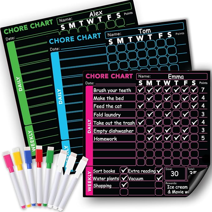 3 Pcs Blackboard Chore Chart Set - Pocket Charts Dry Erase Chore Chart for Multiple Users, Teens & Adults. Fridge Magnetic Blackboard Set, 3 Individual Charts (10"x10" Each) & 8 Fine Tip Markers by MODERNEAT