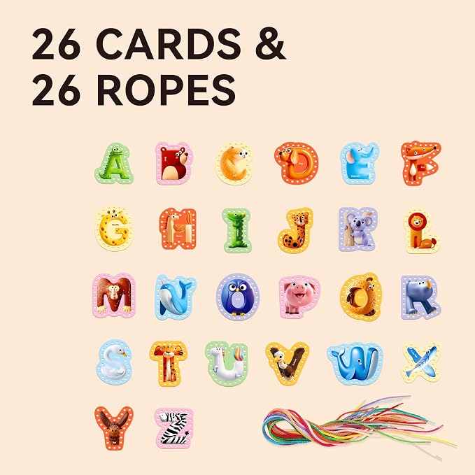 Dotimo Lacing Cards - 26PCS Double - Sided Uppercase Sewing Cards, 26 Animal Alphabet Games, for Kids Ages 3-5, Preschool Learning & Quiet Time Activities - Image 7
