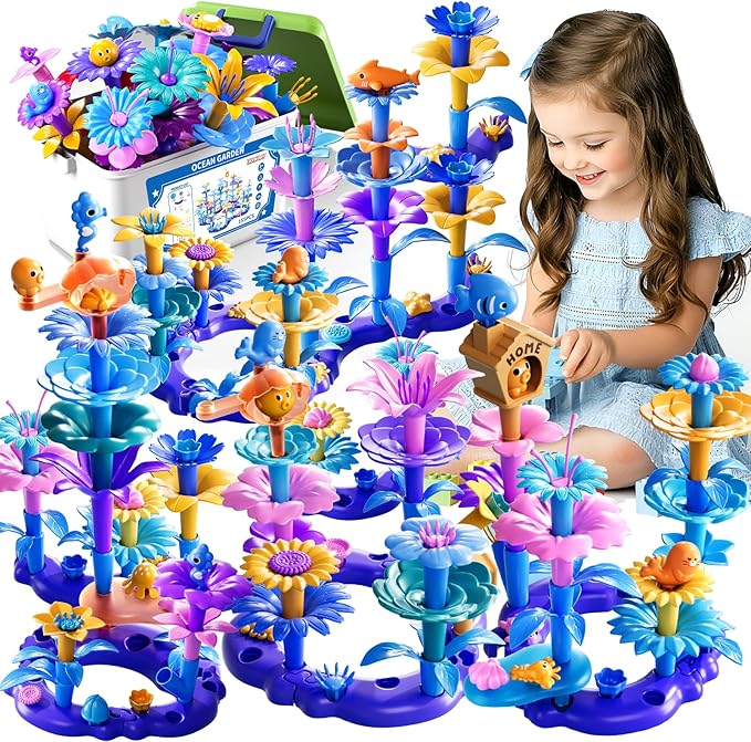 155 Pcs 3 Year Old Girl Gifts,Flower Garden Building Toy Set Toddlers Toys Gifts Best Educational Learning Fine DIY Crafts Stem Construction Stacking Kit,for 3 4 5 6 7 Year Kids Birthday