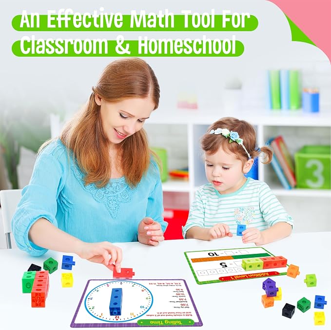 Math Linking Cubes, 100 Math Cube Manipulatives with 30 Learning Activities plus 192 Reusable Stickers, Number Counting Blocks Snap Linking Math Counters, Fun & Educational Pre-K Counting Blocks - Image 7