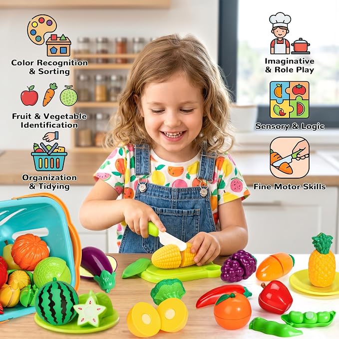 SOCBTNSO Pretend Play Food Set with Felt Tree Mat & Storage Basket for Kids - Image 7