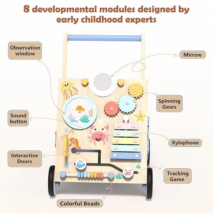 Wooden Baby Walker, Baby Push Walker with Montessori Toy for Girls Boys, Toddler Walking Toys for 18 Months of Age and Over Learning to Walk, Sit-to-Stand, Baby Activity Center for Kids Development