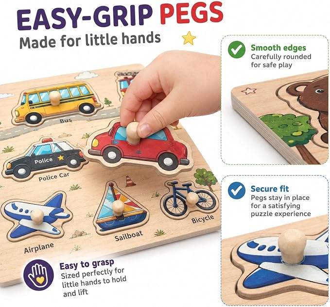 Wooden Peg Puzzles for Kids Ages 3-5, 6 Pack Large ABC Alphabet Number Shape Animal Dinosaur Vehicle Puzzle Set, Preschool Learning Toys, Montessori Educational Gifts for 3 4 5 Boys Girls - Image 5
