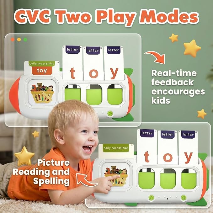 CVC Word Spelling Game for Kids Ages 3-7, Talking Flash Cards with Alphabet Card Reader, 107 Sight Words, Letter Matching and Spell-Check Practice, Preschool Kindergarten Learning Toy Gift - Image 2