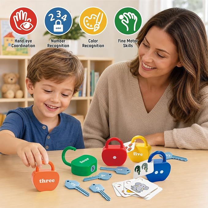 Montessori Lock and Key Toddler Toys, Cause and Effect Sensory Learning Toys for 1 2 3 Year Old, Number Counting & Matching Game, Fine Motor Skills Preschool Travel Activities - Image 5