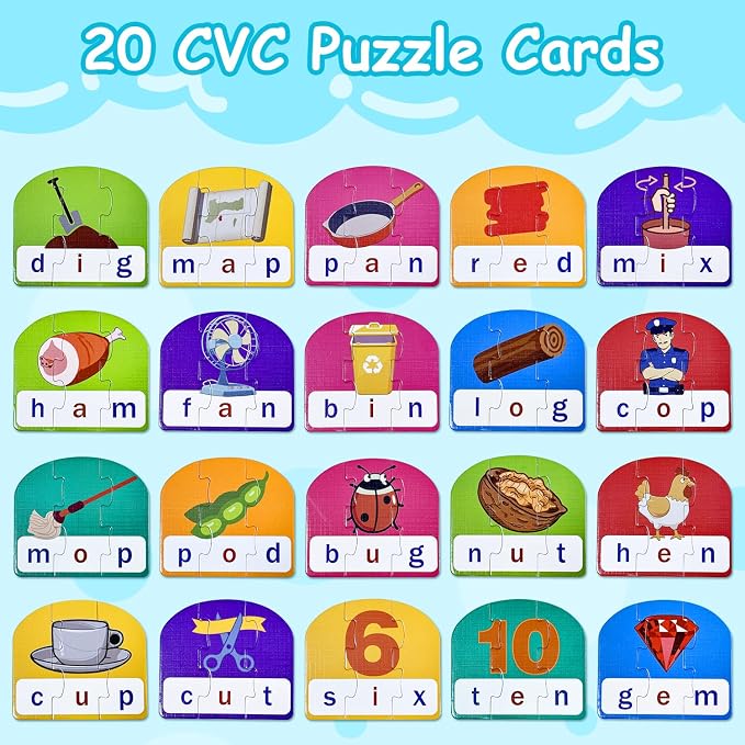 CVC Puzzle Cards for Kids: 20 Pieces Phonics & Spelling Games for Toddlers, Preschool & Kindergarten – Ideal for Speech Therapy & Early Learning Classrooms, Preschool Classroom Must Have - Image 2