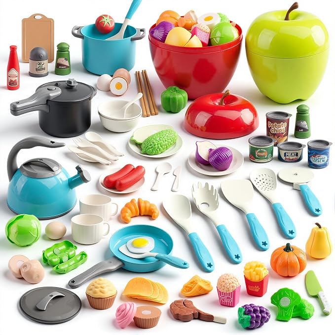 100Pcs Kitchen Playset, Kids Pretend Cooking Play Pots, Pans, Utensils, Cookware, Toy Food Fruits Veggies, with 2 Large Apple - Shaped Storage, Toddler Cooking Learning Gift (Turquoise) by Funpynani
