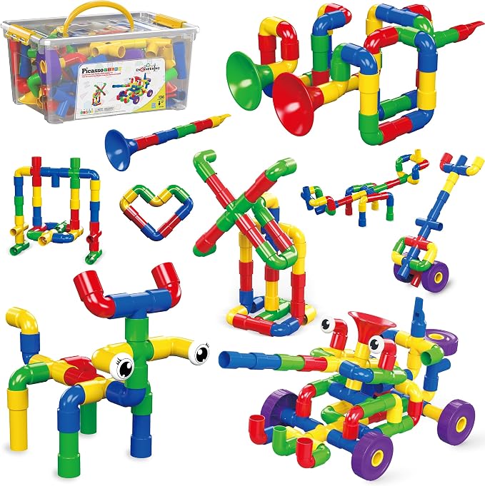 PicassoTiles PTT136 136pcs Tubular Pipes & Spout STEAM Interlocking Educational Building Block Set, Tube Locks, Pipeworks Construction Blocks w/Storage Container Box, Idea Book, Flute Musical Kit by PicassoTiles