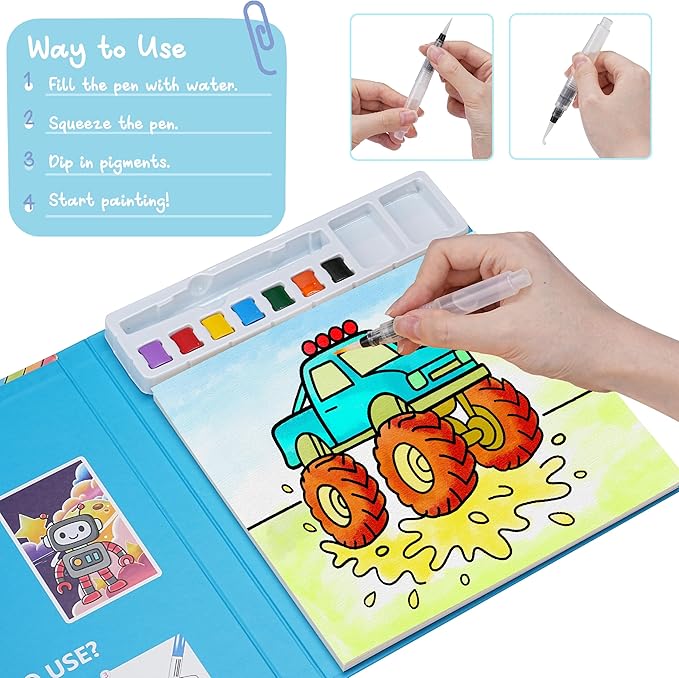 6 Pack Paint with Water Coloring Book for Toddlers, Watercolor Books for Kids, Mess-Free Water Painting Kit with Brush, Christmas Gift, Party Favors, Arts Crafts for Boys Girls, Preschool Home School