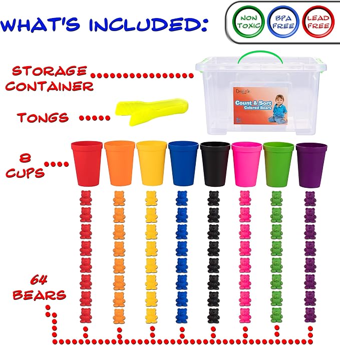Driddle Colorful Counting Bears with Matching Cups - 80 Bears - Sort, Count & Color Recognition Learning Toy for Toddler & Kids - Montessori Education - Preschool Game - Image 3