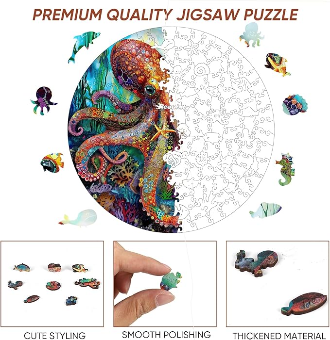 Reouinty Wooden Puzzle for Adults, Octopus Jigsaw Puzzles 200 Piece, Unique Shape Animal Adult Puzzles, Irregular Wood Puzzles Best Gift for Adults Family Game 11.2 x 11.2 in