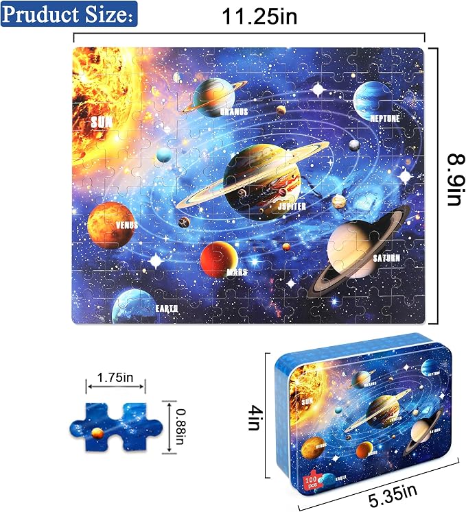 LELEMON 100 Pieces Jigsaw Puzzles for Kids Ages 4-8 Solar System Planets Educational Puzzles Boys Girls Children Learning Educational Puzzles Portable Box Pack Toy - Image 2