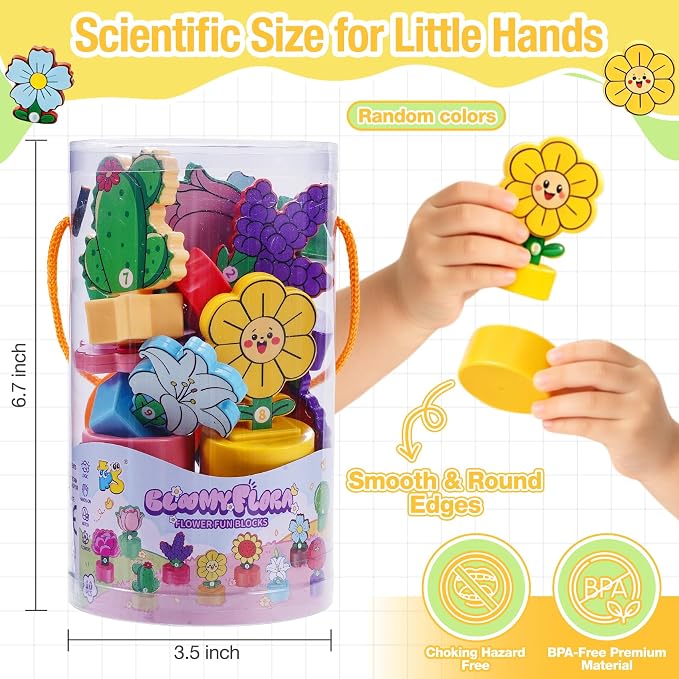 TSYAN Montessori STEM Toys Gift for Toddlers, Bloomy Flora Shape Color Number Sorting Matching Game, Educational Fine Motor Skills Learning Flower Blocks with Storage Tube for Boys Girls 2-4 Year Old - Image 3
