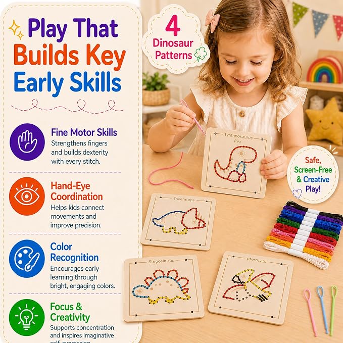 Montessori Wooden Lacing Dinosaur Toys for Toddlers and Kids Ages 2-4 5-7, Sewing Kit Fine Motor Skill Busy Board, Education Sensory Preschool Toy for 1 2 3 4 Year Olds, Birthday Gift for Boys Girls - Image 2