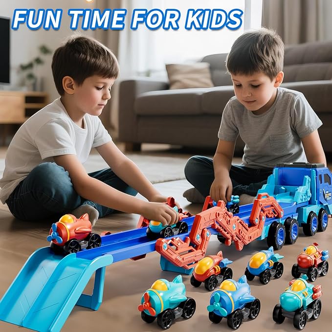 IHAHA 10-in-1 Toddler Foldable Carrier Space Truck Toys for Kids Boys Ages 3-5 4-7, Long Race Track Ejection Truck with Lights & Sounds and 9 Race Cars, 3 4 5 6 7 8 Year Old Boys Girls Birthday Gifts