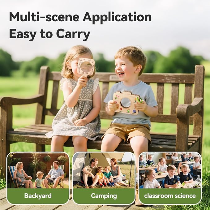 Magnifying Glass for Kids Wooden Montessori Educational Explore Toy Magnifying Glasses and Wood Bug Cards for Outdoor Adventure Birthday Gift for Boys Girls Ages 3+ - Image 5