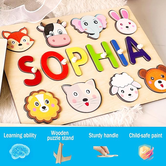 Name Puzzle for Kids Personalized, 1st Birthday Girl and Boy, Custom Baby Easter Gifts with Engraved Text on Back, Montessori Learning Toys for Boy & Girl (Blue Gradient)