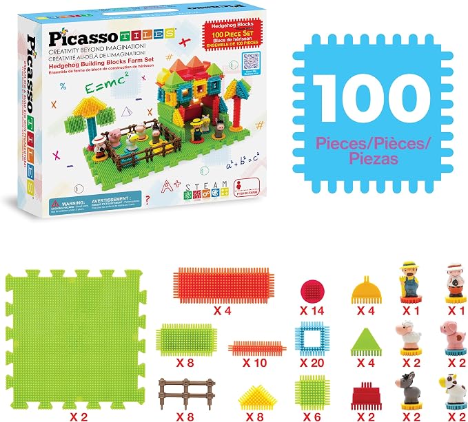 PicassoTiles PTB100 100pcs Hedgehog Shape 3D Building Blocks Tiles Farm Theme Set Learning Playset STEM Toy Set Educational Kit Child Branin Development Preschool Kindergarten Toy - Image 3