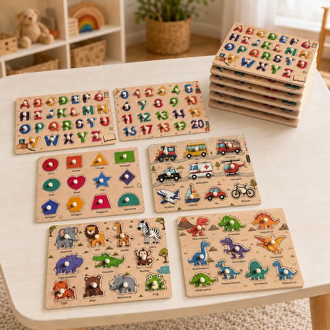 Wooden Peg Puzzles for Kids Ages 3-5, 6 Pack Large ABC Alphabet Number Shape Animal Dinosaur Vehicle Puzzle Set, Preschool Learning Toys, Montessori Educational Gifts for 3 4 5 Boys Girls - Image 7