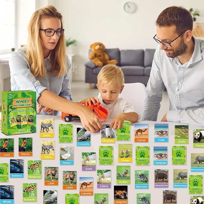 gisgfim 100 PCS Memory Matching Games Spanish English Bilingual Animal Memory Matching Games Educational Game for Kids and Adults A Fun & Fast Animal Game Toddlers Preschool Family Board Gift - Image 7